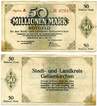 ГЕЛЬЗЕНКИРХЕН 50000000 марок (50 миллионов) 1923 21 июля 1923, нотгельд, земля Северный Рейн-Вестфалия, REIHE A Keller 1710d бумага 2193-32-1-1