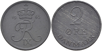 ДАНИЯ 2 ЭРЕ 1963 C; S, ФРЕДЕРИК IX (1947-1972) KM 840.2 цинк UNC 28-351