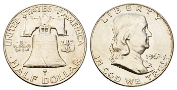 США 1/2 доллара (50 центов) 1962 D, Бенджамин Франклин, колокол KM 199 серебро aUNC 1527-341
