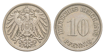 Германия 10 пфеннигов 1908 F, Вильгельм II (1888-1918) KM 12, J. 13 медно-никель 4640-315