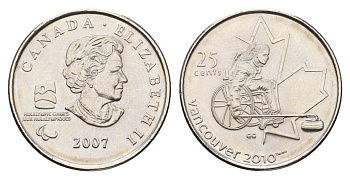 Канада 25 центов 2007 X зимние Паралимпийские Игры, Ванкувер 2010 - Кёрлинг на колясках KM 684 сталь плакированная никелем UNC 110-216