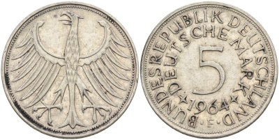 ФРГ 5 марок 1964 F, KM 112.1, J. 387 серебро 4565-123