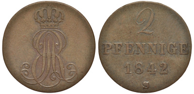 Ганновер 2 пфеннига 1842 S, Эрнст Август (1837-1851) KM 174.2, AKS 123, J. 55 медь 75-1735