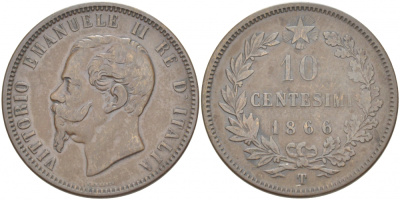 ИТАЛИЯ 10 ЧЕНТЕЗИМО 1866 T, ВИКТОР ЭММАНУИЛ II (1861-1878) KM 11.6 медь 51-4244