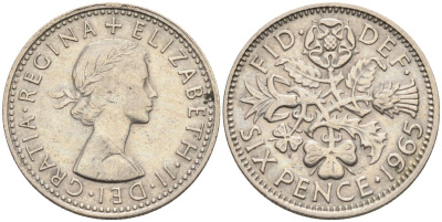 Великобритания 6 пенсов 1965 Елизавета II (1952-2022) KM 903, Spink 4149 медно-никель 4115-735