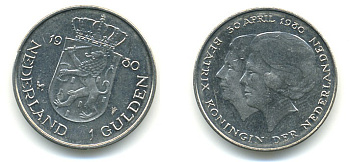 Нидерланды 1 гульден 1980 на коронацию Беатрикс, 30 апреля 1980 KM 200 никель 84-1023