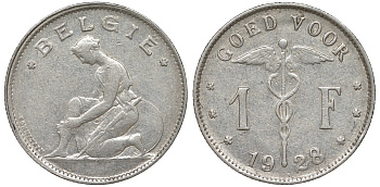 Бельгия 1 франк 1928 Belgie KM 90 никель 51-1742
