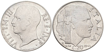 ИТАЛИЯ 20 ЧЕНТЕЗИМО 1941 R, ГОД XIX, ВИКТОР ЭММАНУИЛ III (1900-1946) KM 75b, VEM3. 1028 нержавеющая сталь 3853-1026