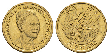 Дания 20 крон 2015 75 лет со дня рождения Королевы Маргрете II KM 964 алюминиевая бронза UNC 4648-233