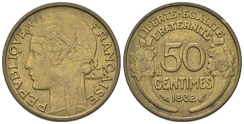 Франция 50 сантимов 1932 KM 894.1, Le Franc 192.15 алюминиевая бронза 4564-1048