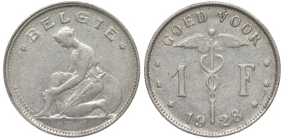 Бельгия 1 франк 1928 Belgie KM 90 никель 51-1742