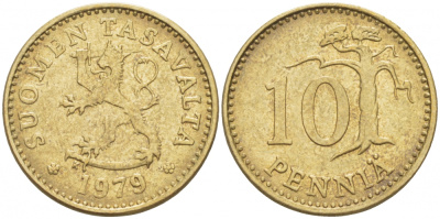 ФИНЛЯНДИЯ 10 ПЕННИ 1979 K KM 46 алюминиевая бронза 3718-133