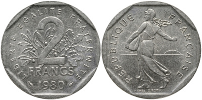ФРАНЦИЯ 2 ФРАНКА 1980 СЕЯТЕЛЬ KM 942.1, LE FRANC 272.4 никель 65-1027