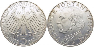 ФРГ 5 марок 1969 G, 150 лет со дня рождения Теодора Фонтана J. 399, KM 125.1 серебро 109-634