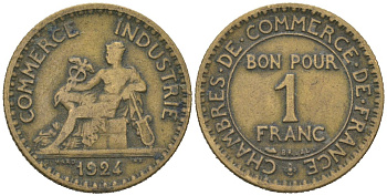 Франция 1 франк 1924 KM 876 алюминиевая бронза 113-924