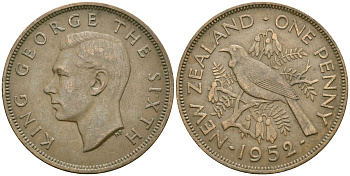 Новая Зеландия 1 пенни 1952 Георг VI (1936-1952), новозеландский туи KM 21 бронза 4542-1246