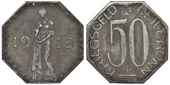 Германия, Хайльбронн 50 пфеннигов 1918 Баден-Вюртемберг, нотгельд, тонкий кружок Funck 204.xx железо 4121-447