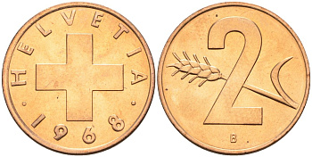 Швейцария 2 раппена 1968 В KM 47 бронза UNC 4566-331