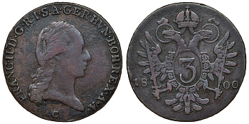 Австрия 3 крейцера 1800 С, Франц II (Франц Иосиф Карл) (1792-1806) KM 2115.3 медь 71-1415
