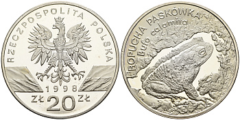 Польша 20 злотых 1998 серия сохраним наш мир, лягушка, тираж 20000 экз. KM 343, Par. 774 серебро PROOF 00-822-46