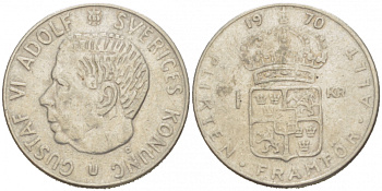 Швеция 1 крона 1970 Густав VI Адольф (1950-1973) KM 826a медь плакированная медно-никелем 77-635