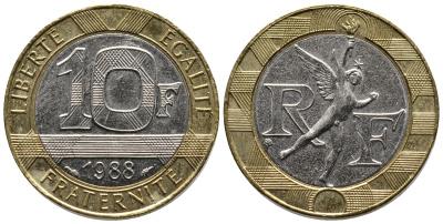 Франция 10 франков 1988 тип Гений Бастилии KM 964.1, Le Frank 375.2 биметалл 80-523