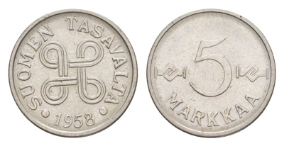 Финляндия 5 марок 1958 KM 37a железо плакированное никелем 4647-446