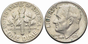 США 10 ЦЕНТОВ = 1 ДАЙМ 1973 D, РУЗВЕЛЬТ KM 195а медь плакированная медно-никелем 112-424