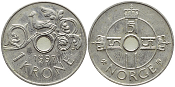 Норвегия 1 крона 1997 Харальд V (1992- ) KM 462 медно-никель 93-1111