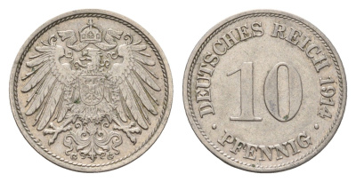 Германия 10 пфеннигов 1914 G, Вильгельм II (1888-1918) KM 12, J. 13 медно-никель 4636-1052