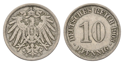 Германия 10 пфеннигов 1903 A, Вильгельм II (1888-1918) KM 12, J. 13 медно-никель 4636-845