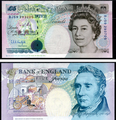 Англия 5 фунтов 1990 (1999-2002) Банк Англии, Джордж Стефенсон, серия BJ Pick 382Aa бумага UNC (пресс) 000-00-00