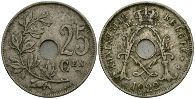Бельгия 25 сантимов 1922 Belgie KM 69 медно-никель 4165-835