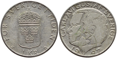 Швеция 1 крона 1997 Карл XVI Густав (1973- ) KM 852a медно-никель 4381-534