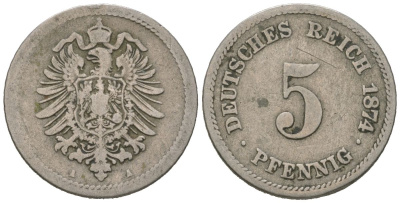 Германия 5 пфеннигов 1874 KM 3, Jager 3, Weege 5 медно-никель 188-122