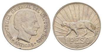 Уругвай 1 песо 1942 Хосе Хервасио Артигас, год-тип KM 30 серебро aUNC 413-2842