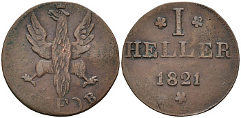 Франкфурт 1 геллер 1821 GB KM 301 медь 4564-646
