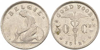 БЕЛЬГИЯ 50 САНТИМОВ 1923 BELGIE KM 88 никель 4516-322
