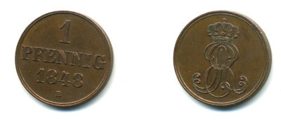 Ганновер 1 пфенниг 1848 B, Эрнст Август (1837-1851) KM 201.1, AKS 129, J. 74 медь 36-1154