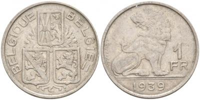 БЕЛЬГИЯ 1 ФРАНК 1939 BELGIE-BELGIQUE KM 120 никель 68-232