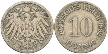 ГЕРМАНИЯ 10 ПФЕННИГОВ 1892 A KM 12, J. 13 медно-никель 4401-933