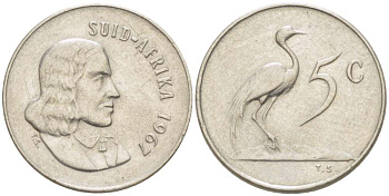 ЮАР 5 ЦЕНТОВ 1967 SUID, ЯН ВАН РИБЕК (1619-1677), ГОЛАНДСКИЙ ИССЛЕДОВАТЕЛЬ , МОРЕПЛАВАТЕЛЬ, ОСНОВАТЕЛЬ Г. КЕЙПТАУНА, РАЙСКИЙ ЖУРАВЛЬ KM 67.2 никель 4516-731