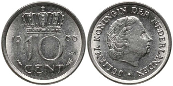 НИДЕРЛАНДЫ 10 ЦЕНТОВ 1966 ЮЛИАНА KM 182 никель 112-731