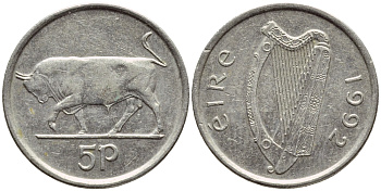 ИРЛАНДИЯ 5 ПЕНСОВ 1992 БЫК KM 28 медно-никель 4396-516