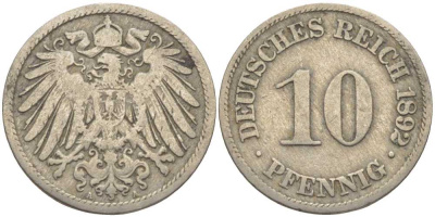 ГЕРМАНИЯ 10 ПФЕННИГОВ 1892 A KM 12, J. 13 медно-никель 4401-933