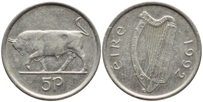 ИРЛАНДИЯ 5 ПЕНСОВ 1992 БЫК KM 28 медно-никель 4396-516