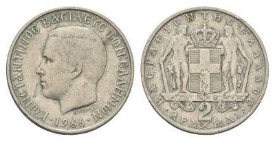 Греция 2 драхмы 1966 Константин II (1966-1973) KM 90 медно-никель    4660-721