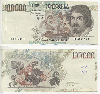 Италия 100000 лир 1983 Караваджо, фруктовый букет, подпись Speziali Pick 110b бумага 7220-16-3