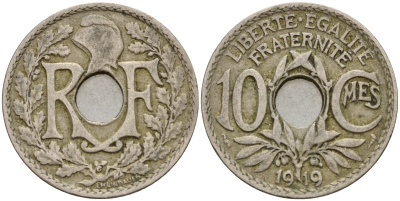 Франция 10 сантимов 1919 тип Линдайё KM 866a медно-никель    4601-914