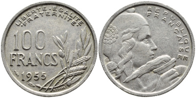 ФРАНЦИЯ 100 ФРАНКОВ 1955 KM 919.1 медно-никель 4393-1215